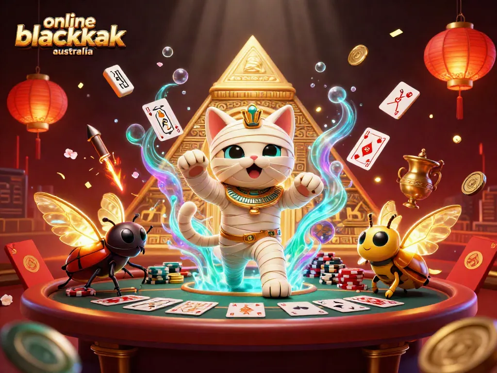 Engage with the thrilling atmosphere of online blackjack Australia, featuring lively 3D characters and casino elements.