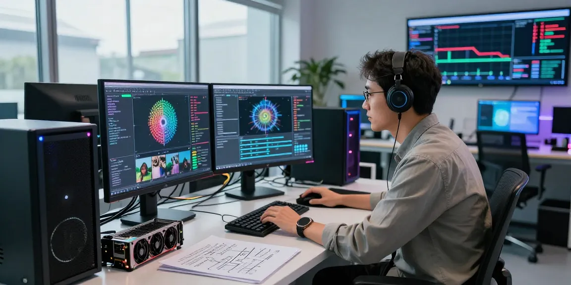 AI Image Detector tech analysis in a modern lab with dual screens.