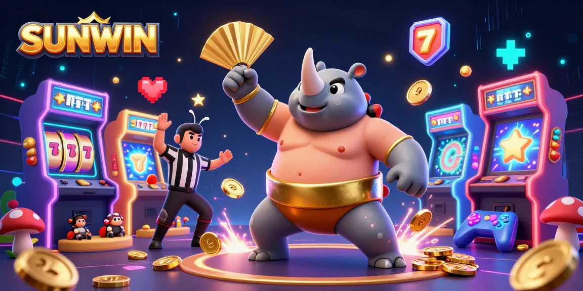 SUNWIN showcases a 3D cartoon rhinoceros beetle champion amidst vibrant slot reels and glowing coins.