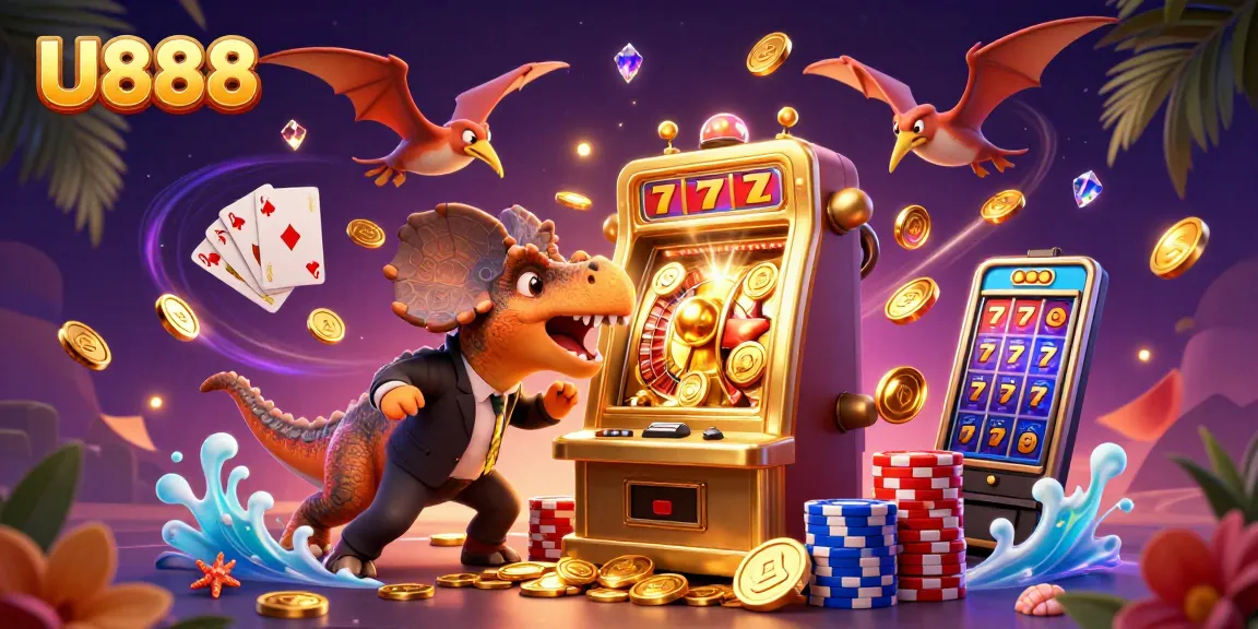 U888 offers stunning jackpot wins with a pachycephalosaurus at the slot machine in a lively casino scene.