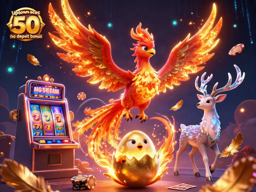 Activate the uptown aces 50 no deposit bonus with a dynamic visual showcasing a phoenix and engaging casino elements.