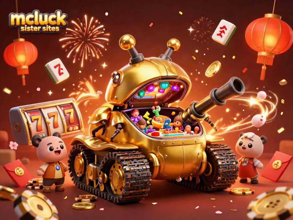 Experience spinning slot reels in the vibrant 3D scene showcasing mcluck sister sites with golden beetle tank.