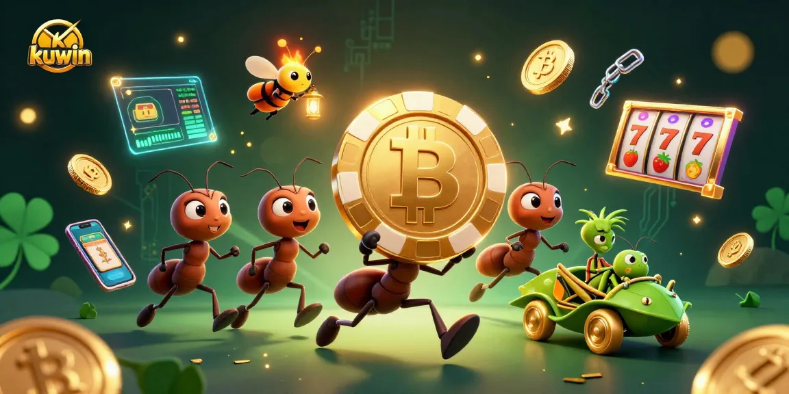 kuwin ants lead a heist with a poker chip, surrounded by vibrant casino elements