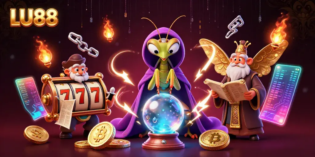 LU88 showcases a mystical 3D casino scene featuring a fortune teller, ancient scrolls, and vibrant slot reels.