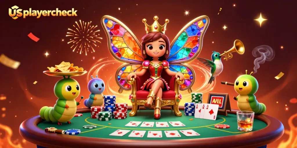 Experience thrilling poker gameplay with usplayercheck featuring a vibrant butterfly queen in this stunning 3D illustration.