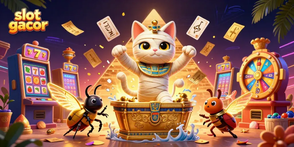 Engage with slot gacor excitement as an Egyptian mummy cat bursts from a golden sarcophagus surrounded by dynamic game elements.