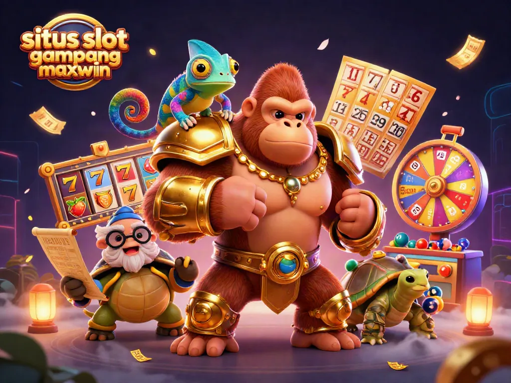 Join the fun at situs slot gampang maxwin with our gorilla king and colorful slot reels in a vibrant casino scene.
