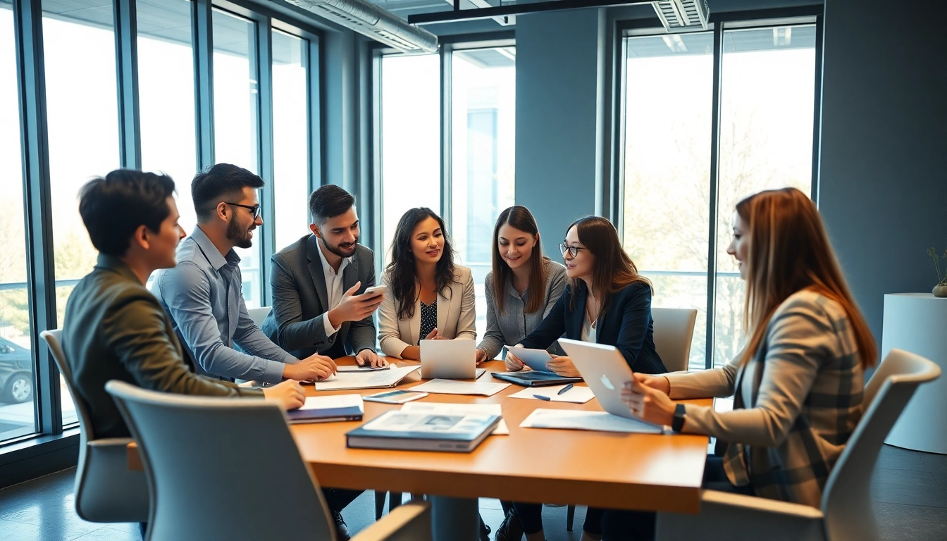 Recruiting agencies team collaborating in a bright office environment.