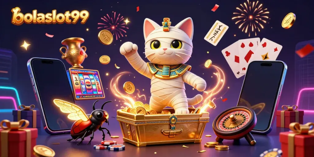 Engage in thrilling gaming adventures with bolaslot99 in a lively 3D casino scene featuring unique characters.