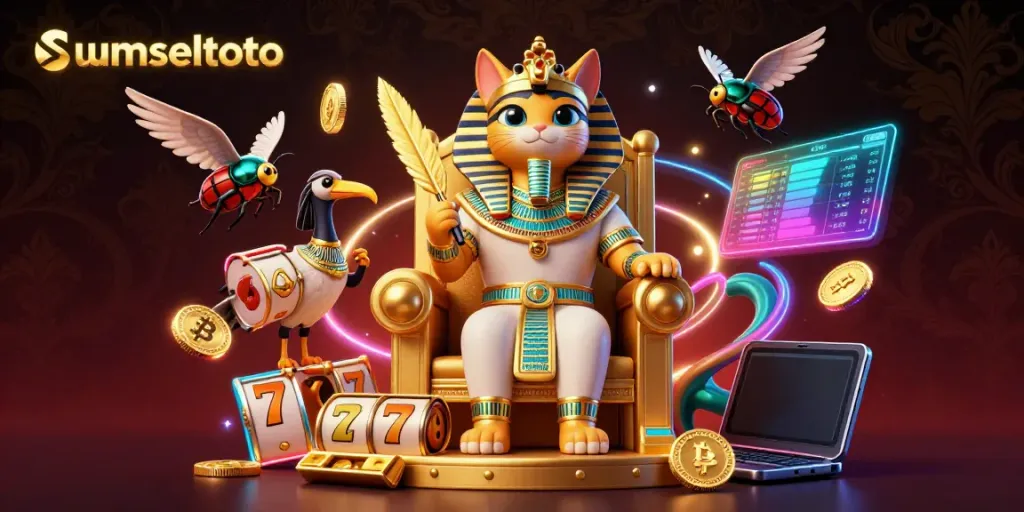 Experience premium gaming with sumseltoto, featuring a lively scene of slot gaming elements and cryptocurrency.