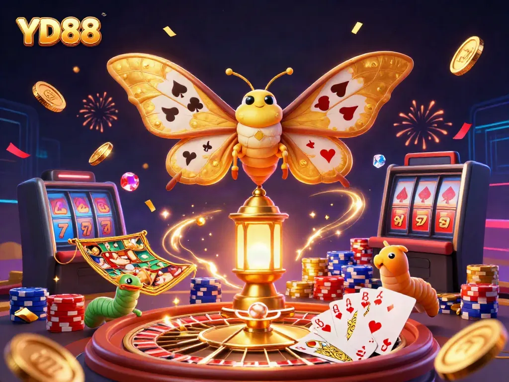 YD88 offers vibrant casino scenes with a majestic moth symbolizing luck and excitement
