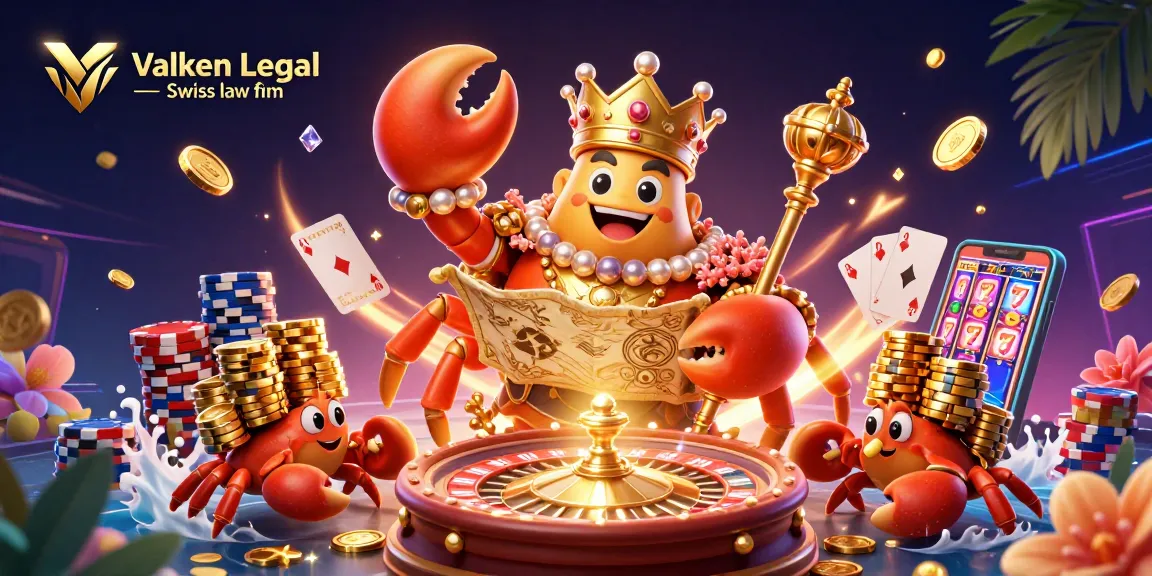A golden crab emperor surrounded by chips and casino elements representing Valken Legal — Swiss law firm.
