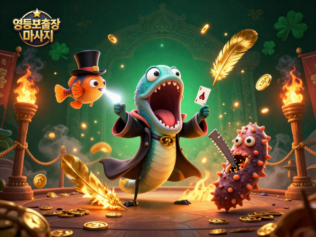 Engaging scene of 영등포출장마사지 showcasing a deep-sea eel performing card tricks, perfect for gamblers seeking fun.