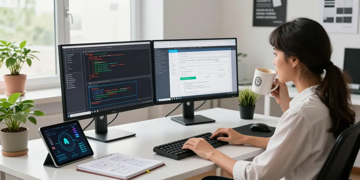 Build internal tools with AI in a modern office workspace scene, showcasing a developer coding with dual monitors, energetic atmosphere, and tech props.