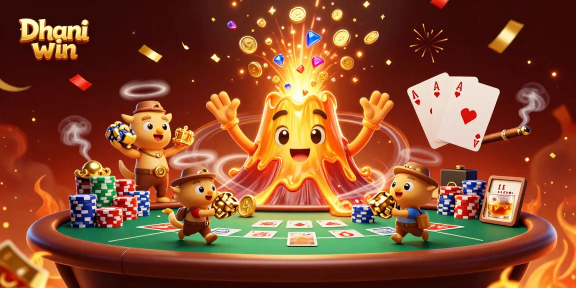 Dhani win showcases lively gaming with a triumphant volcano and treasure-filled explorers at a vibrant gambling scene.