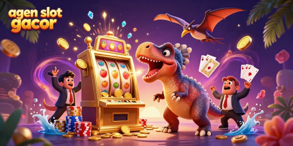 Experience the excitement of agen slot gacor with a dynamic scene of dinosaurs and vibrant casino elements.
