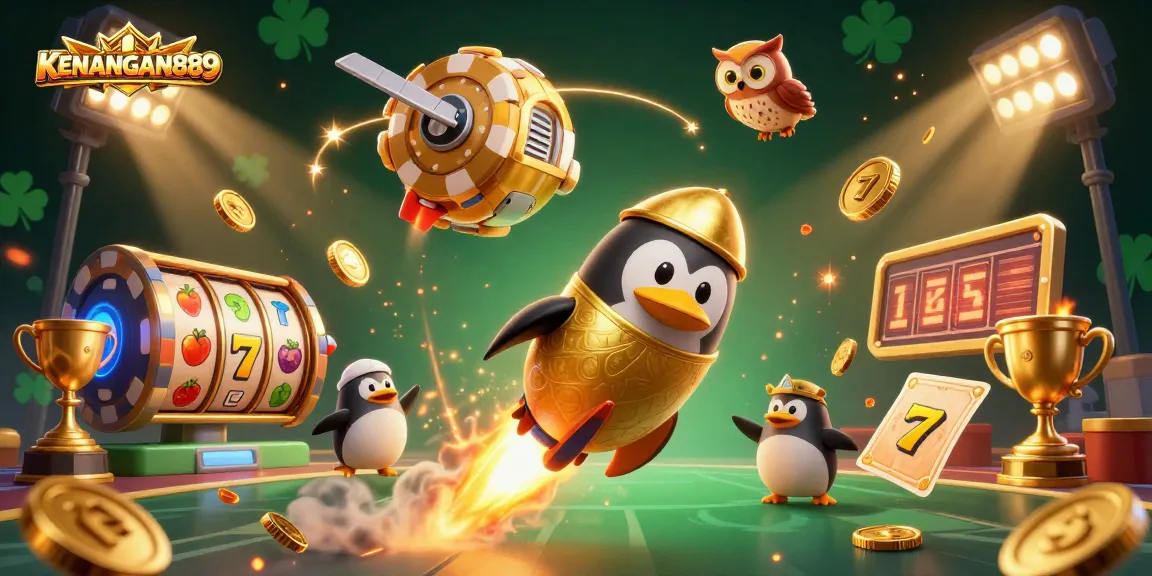 Watch KENANGAN889's golden penguin navigate a dynamic casino cosmos filled with slot reels and golden coins.