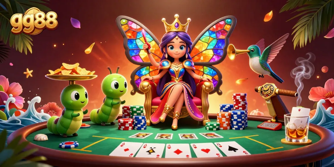 Experience exciting casino action with gg88 featuring a butterfly queen amidst poker elements.