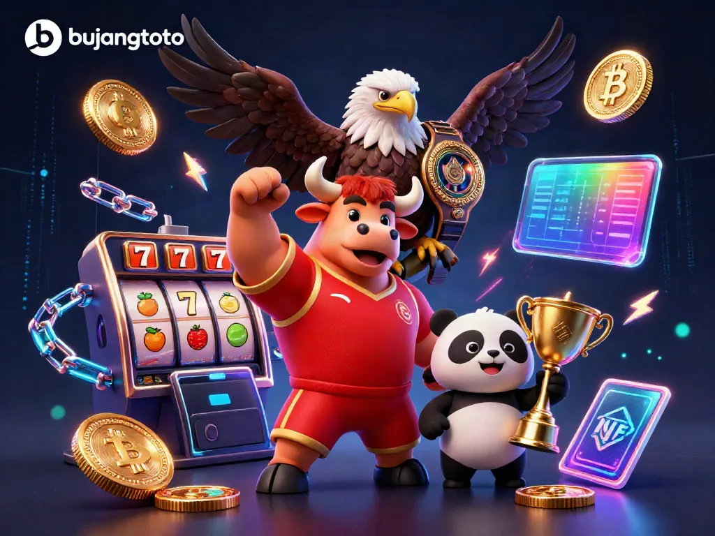 Bujangtoto offers an exciting visual with a bull mascot celebrating alongside a panda and eagle, showcasing casino games.