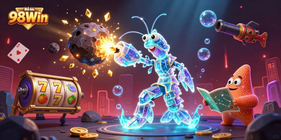 Experience high-energy gaming with Nhà cái 98Win's immersive 3D casino illustration filled with treasures and vibrant action.