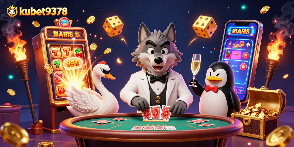 Engage with kubet9378 in a vibrant 3D casino scene featuring card games and slot machines.