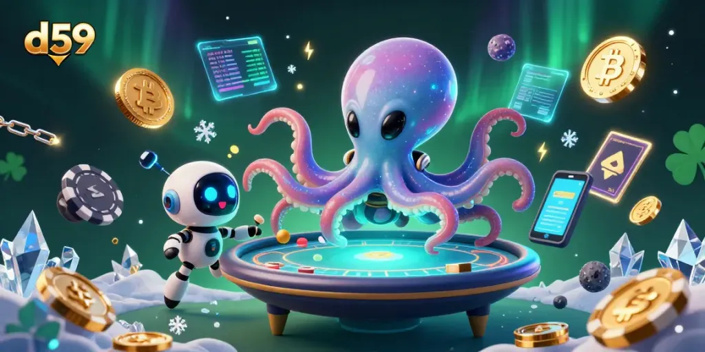 Meraih kemenangan di d59 dengan alien kartun dan robot kecil di meja poker holografik.