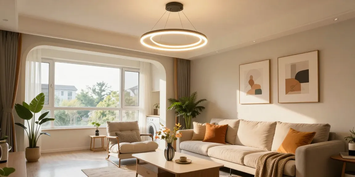 Lustre led moderne într-un living cozy, iluminând decorul cu un design contemporan.