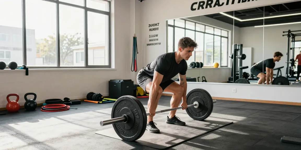 Strength training session in a modern gym at Astera Shop, showcasing an athletic individual performing a deadlift with proper form.