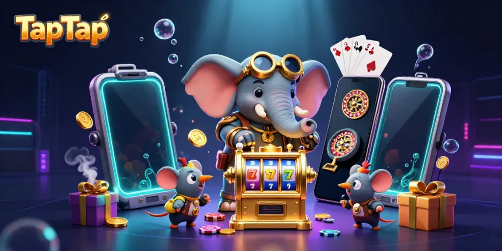 TapTap promotes engaging slot game action with rich 3D visual elements in a vibrant casino setting.