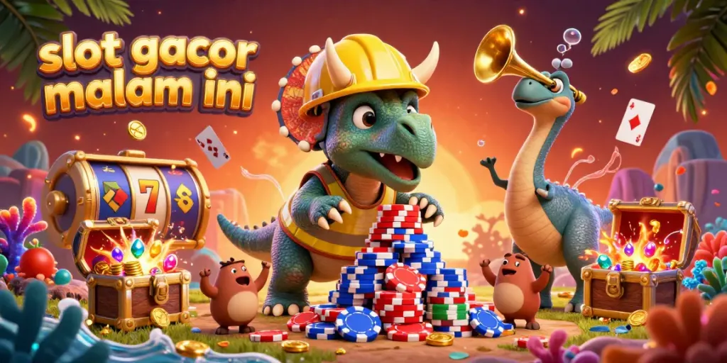 Slot gacor malam ini memamerkan ilustrasi kartun 3D dengan triceratops dan permainan kasino yang menarik.
