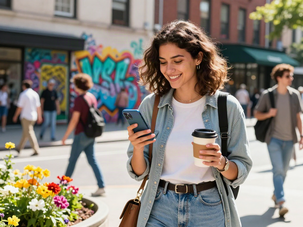 How old do I look? A young woman engaging with an age estimator app on her smartphone in a lively urban setting.