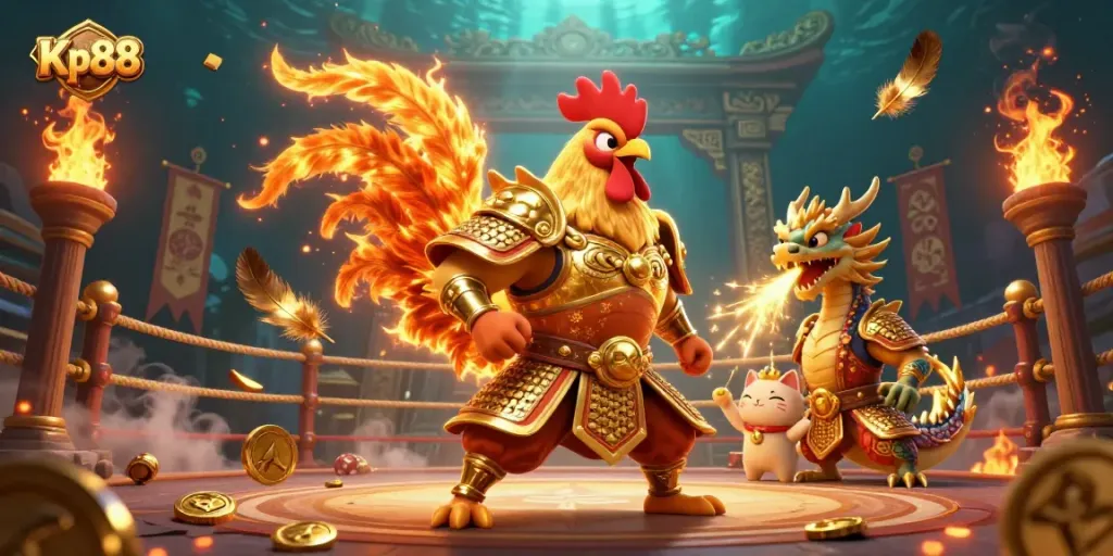 Kp88 showcases a dynamic scene with a fighting rooster warrior, dragon hatchling, and fortune cat, surrounded by casino elements.