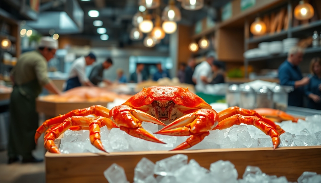 Purchase exquisite Live king crab wholesale, displayed beautifully on ice in a market.