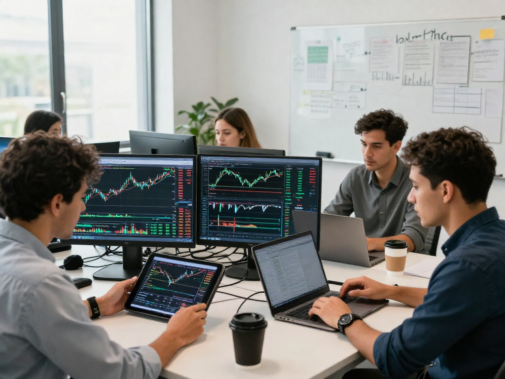 交易者在使用MetaTrader 5进行市场分析，展示多个交易屏幕和现代办公环境。