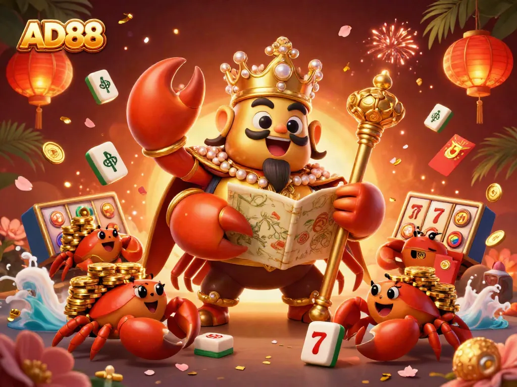 Engage with AD88's vibrant slots experience featuring a golden crab emperor, treasure maps, and floating mahjong tiles.