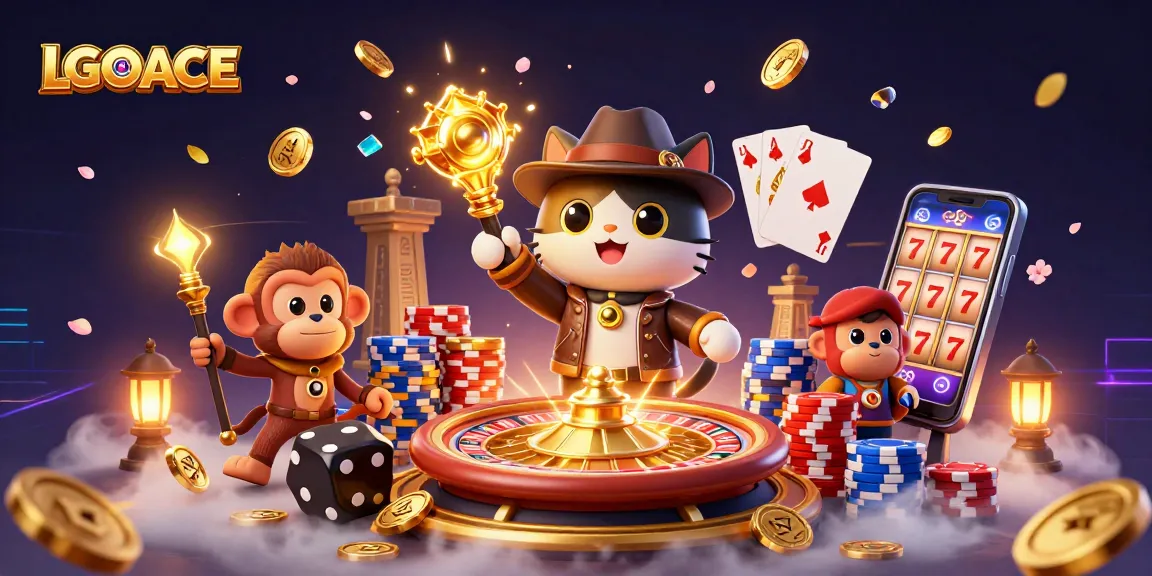 LGOACE cat archaeologist discovers a golden casino artifact surrounded by casino elements.