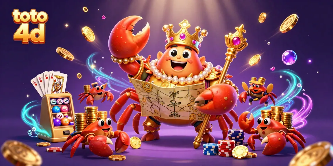 Experience the excitement of toto 4d lottery with this colorful 3D illustration of a crab emperor amidst treasure.