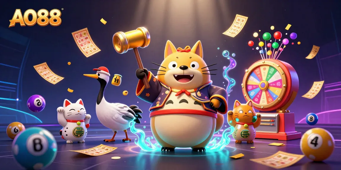 Engage with AO88, featuring a joyful tanuki and lucky symbols promoting winnings.