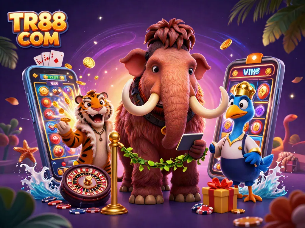 Engage in thrilling gameplay at TR88 COM featuring colorful casino elements and cartoon characters.