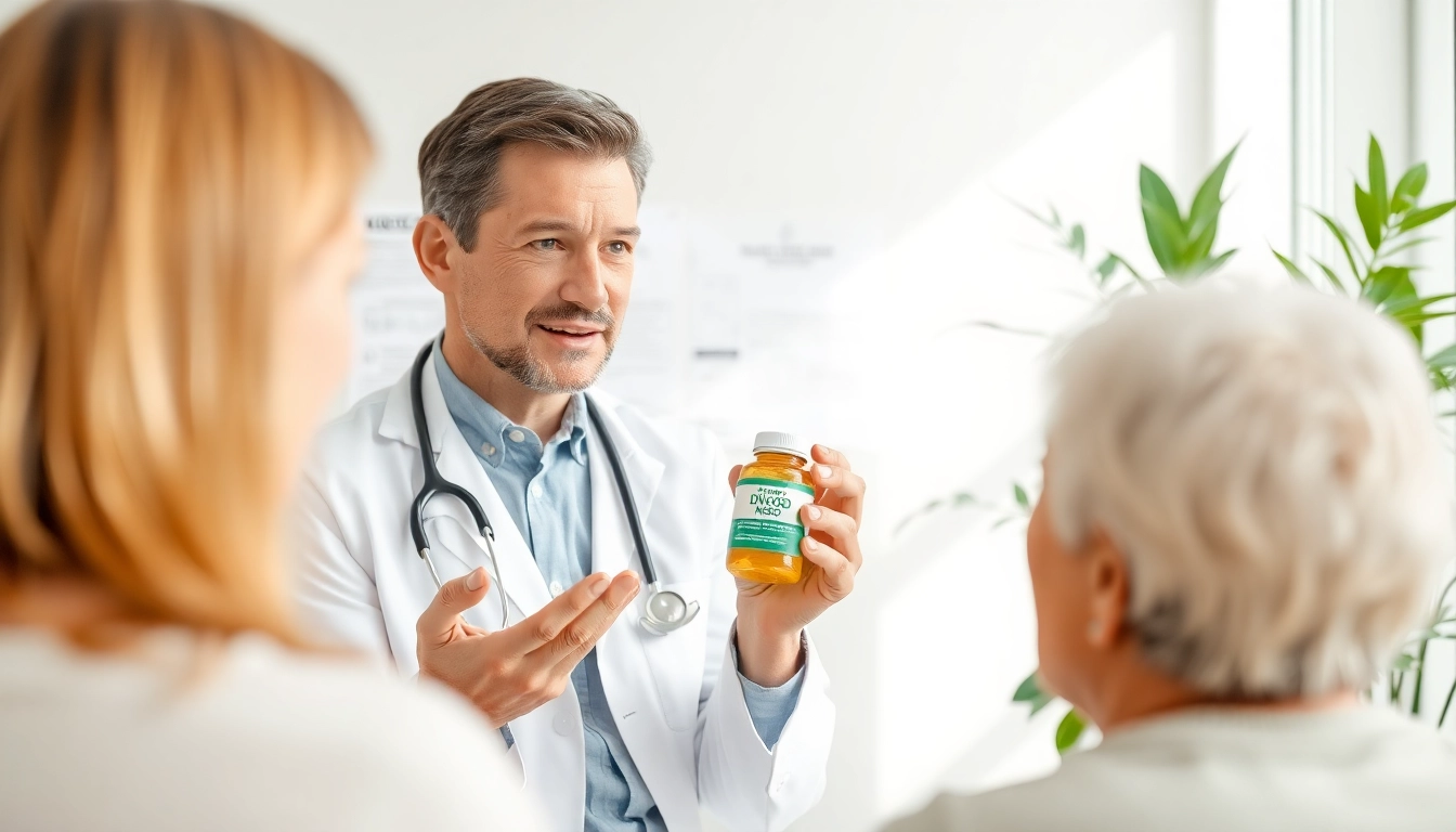 Healthcare professional explaining the benefits of dmso for pain relief in a clinical setting.