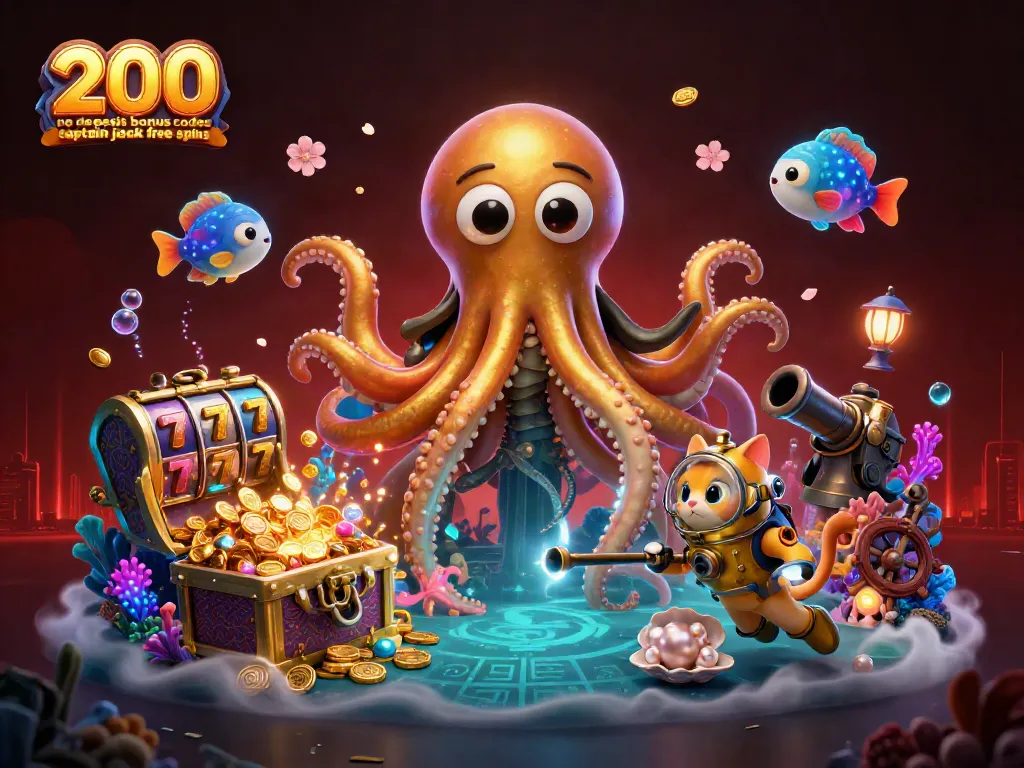 Engage with 200 no deposit bonus codes captain jack free spins featuring a cartoon kraken and treasure elements in an underwater scene.