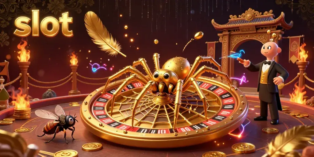 Engage with vibrant slot-themed 3D illustration showcasing a golden spider and centipede croupier.