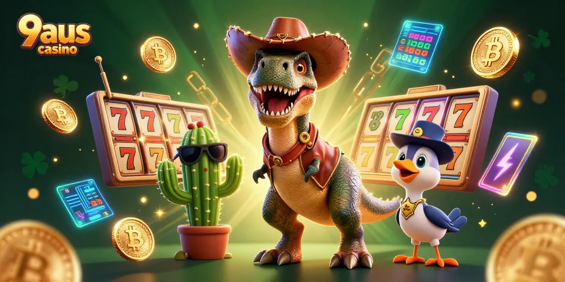 Spin the reels with 9aus casino's vibrant illustration of animated characters and dynamic gaming elements.