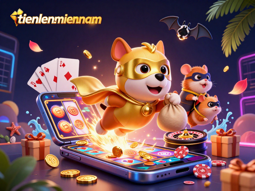 Win big with tienlenmiennam as the superhero dog soars through a vibrant casino scene.