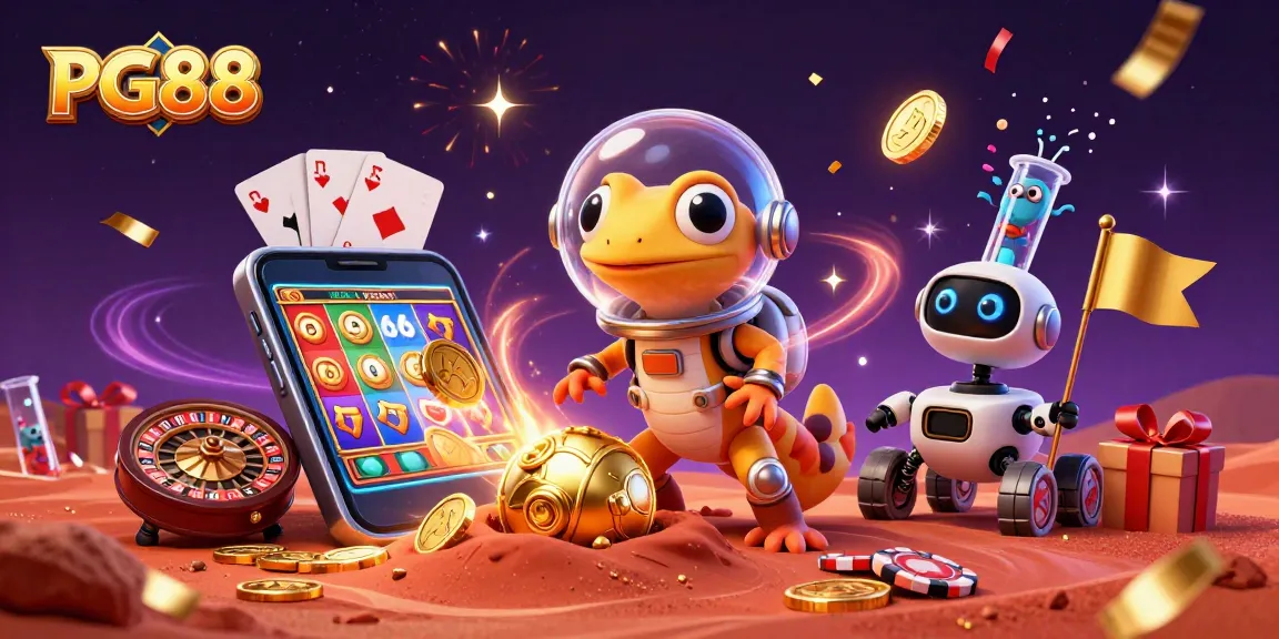 Spinning reels and golden coins from PG88's dynamic Martian casino illustration.