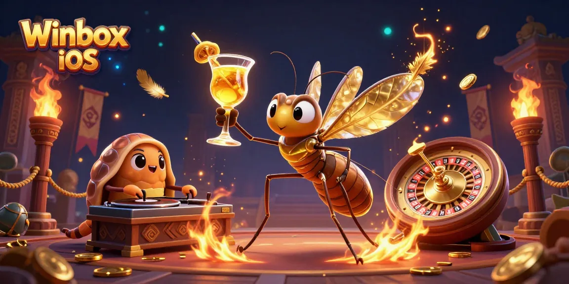 Winbox iOS app showcases an animated scene with unique casino characters and vibrant gaming elements.