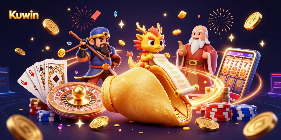 Kuwin showcases a lively 3D casino scene with a fortune cookie and a tiny dragon amidst golden coins and dazzling gems.