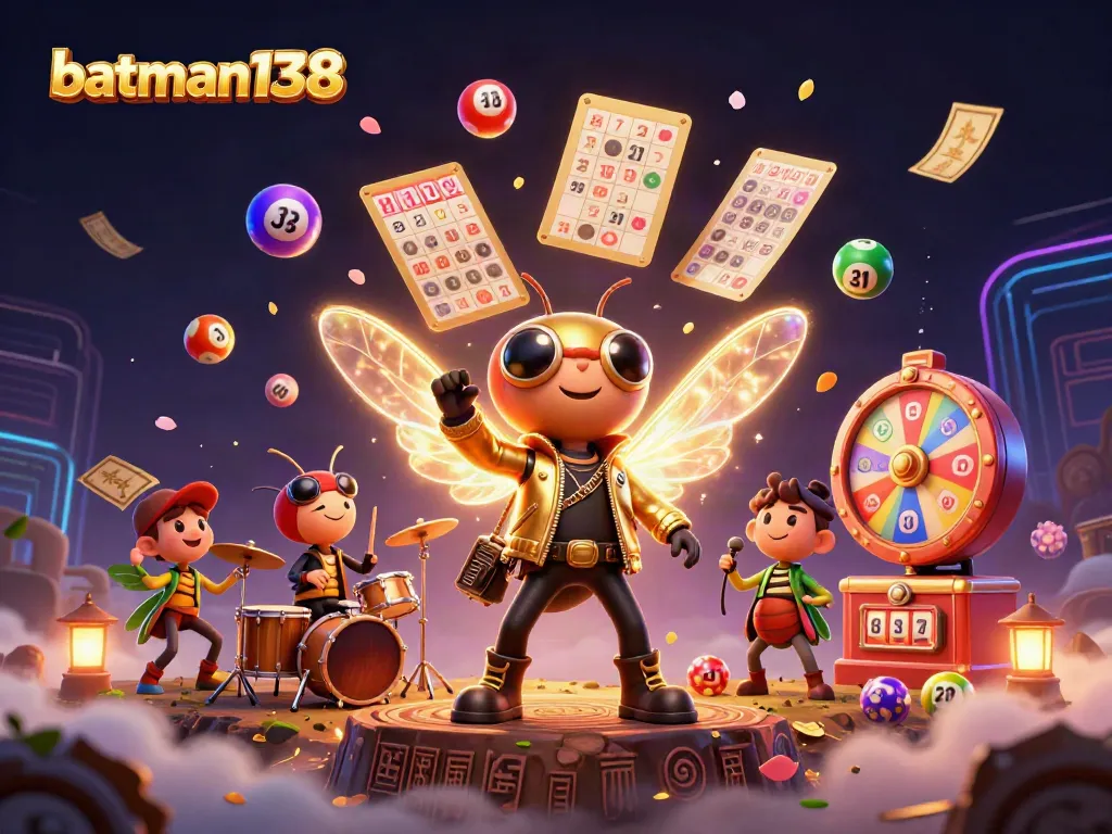 Experience the excitement of batman138 with a vibrant casino-themed illustration filled with lottery elements.