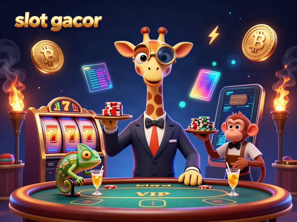Engage with slot gacor in a vibrant casino scene featuring a giraffe, monkey, and chameleon amidst game elements.