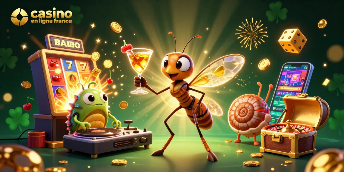 Attirez la chance avec le casino en ligne France, illustré par un insecte fossilisé vivant et des éléments de jeux dynamiques.